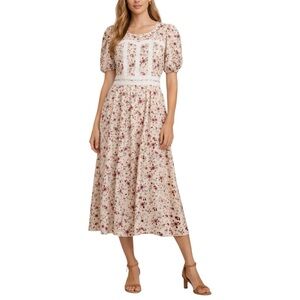 Vogue Floral Puff Sleeve Midi Dress Lace Trim Cottagecore Prairie Dress L